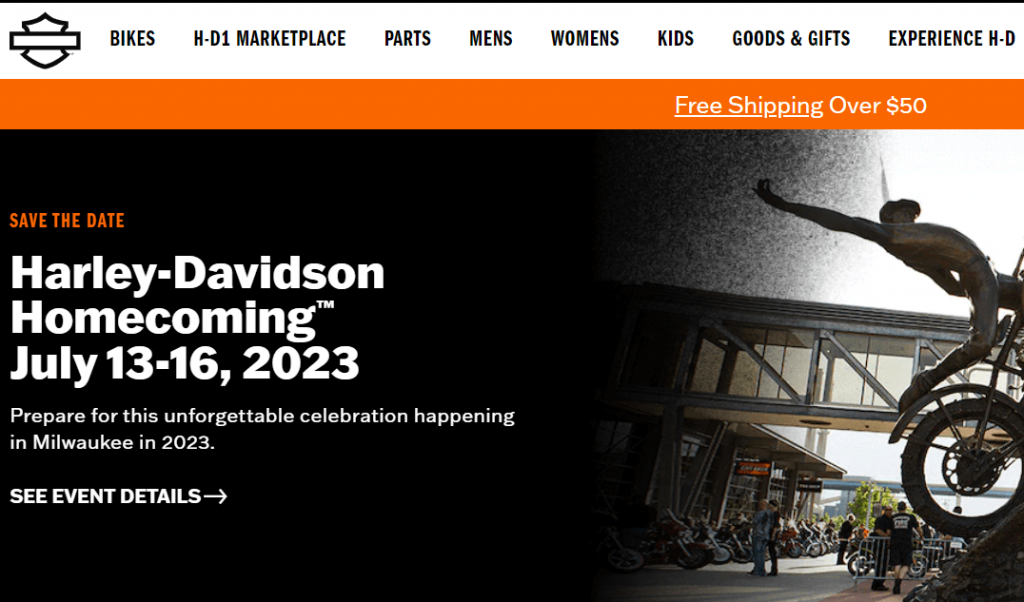 Markenton von Harley Davidson auf der Homepage