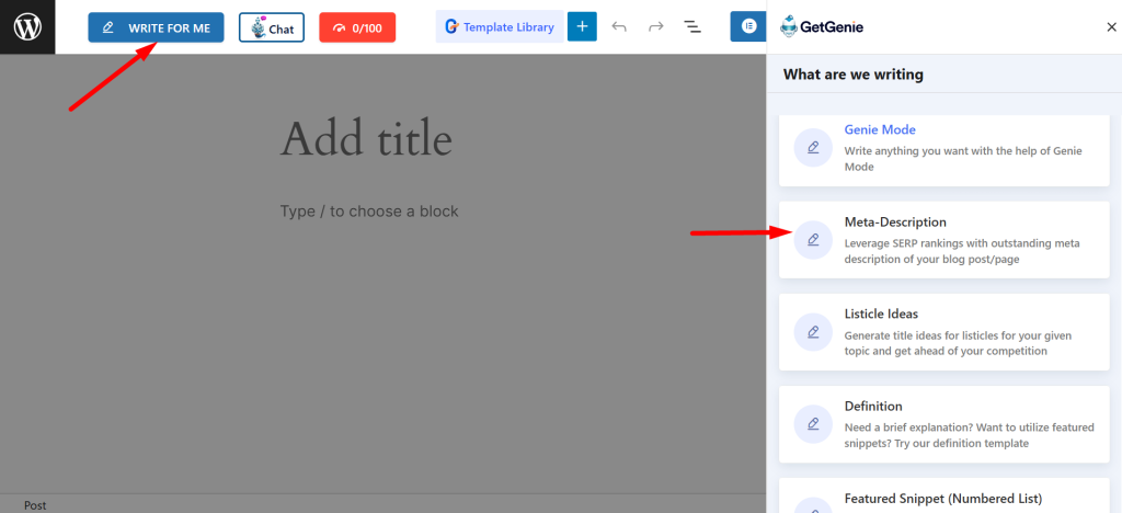 Click on Write For Me, and select the Meta Description template to streamline your writing