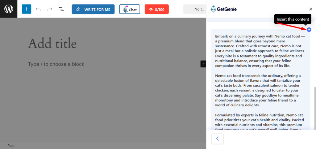 Insira o conteúdo produzido pelo Genie diretamente na seção editorial.