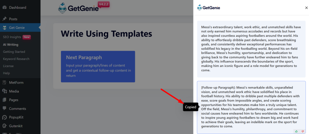 Click on the selected next paragraph output and it'll be copied