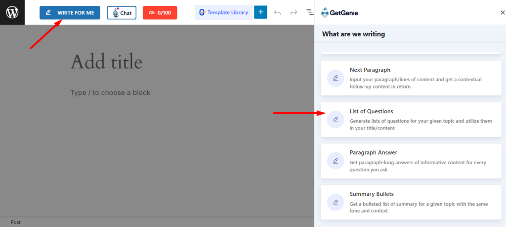 Click on the writer for me button and find list of questions template