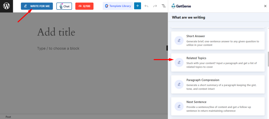 Click on the writer for me button and find related topics template