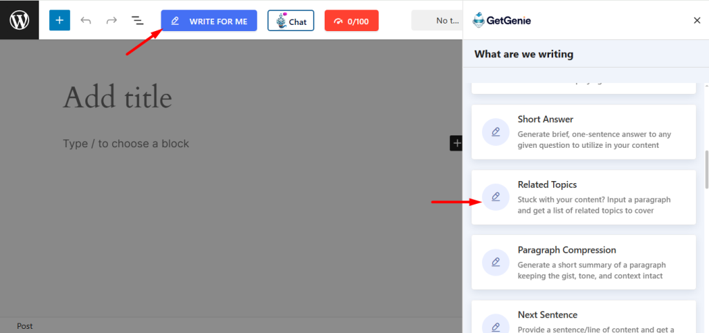 Click on the writer for me button and find related topics template