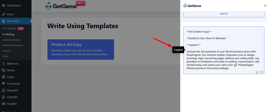 Click on your chosen product Ad Copy and it'll be copied