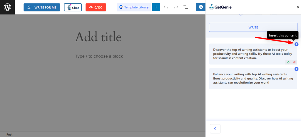 Click the plus icon and your selected meta description will be copied