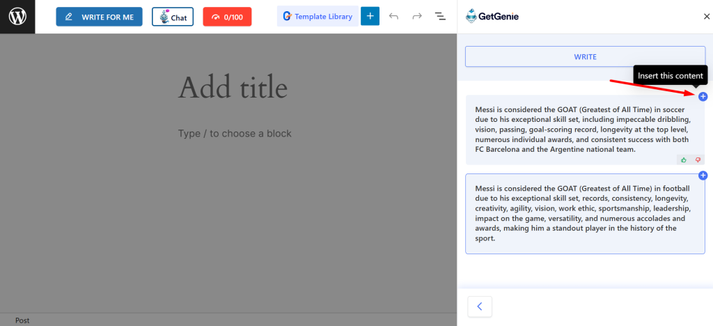 Click the plus icon and your selected output will be inserted to the editor