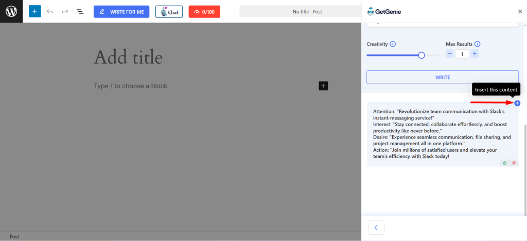 Click to add the generated content to the editor