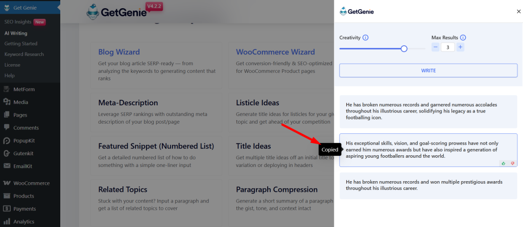 Click to copy your next sentence idea generated by GetGenie AI