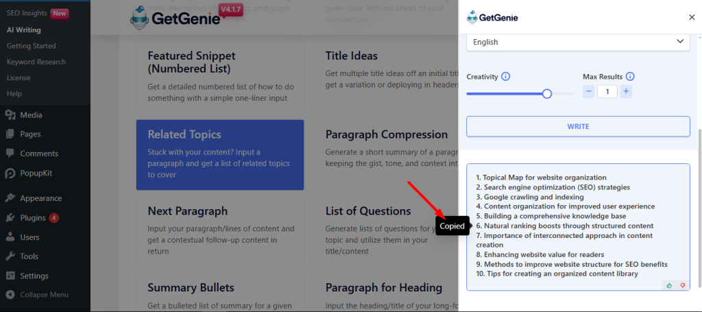 Obtenez plus d'idées de sujets sur votre contenu avec GetGenie.