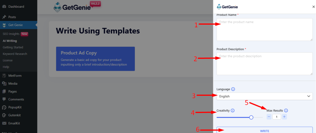 Fill up the steps to generate Product Ad Copy
