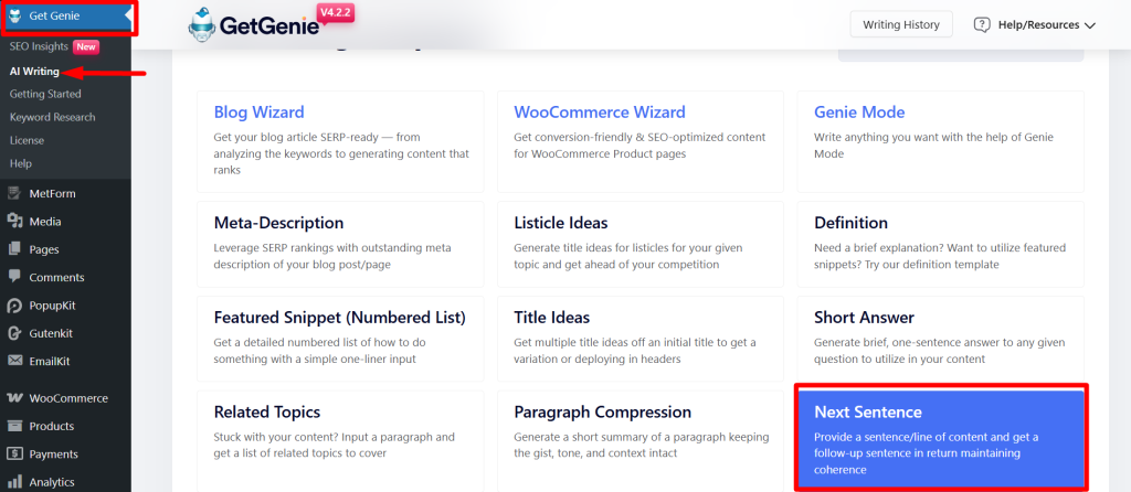 Find next sentence template from your dashboard