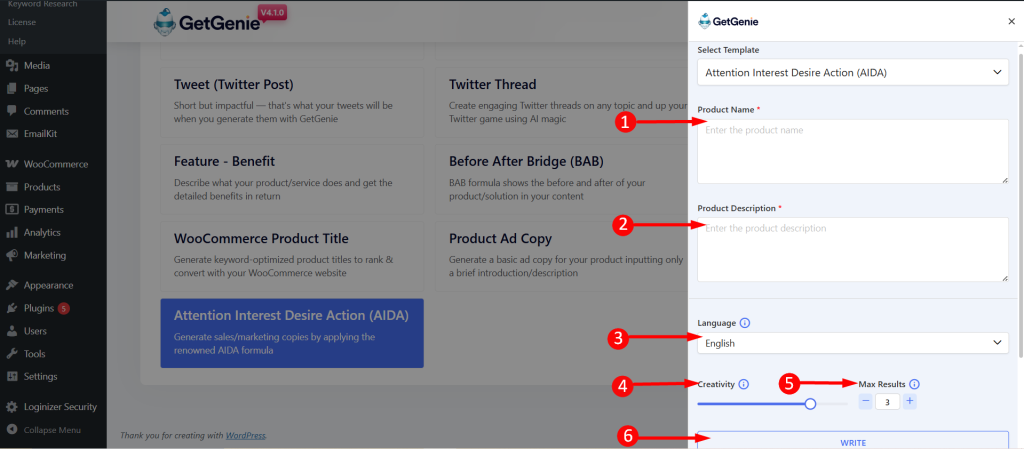 Using GetGenie AI AIDA template