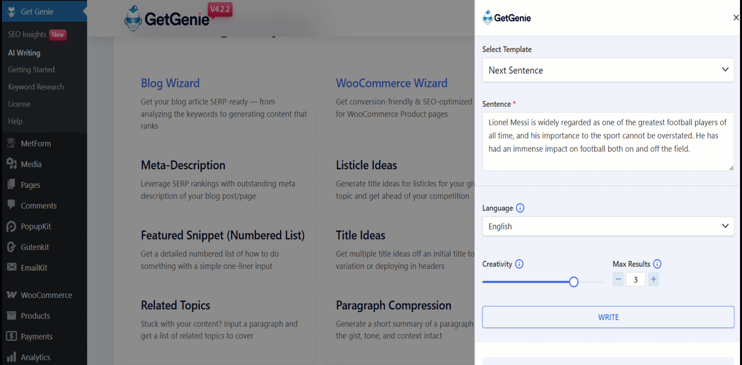 Get your next sentence idea with GetGenie AI template