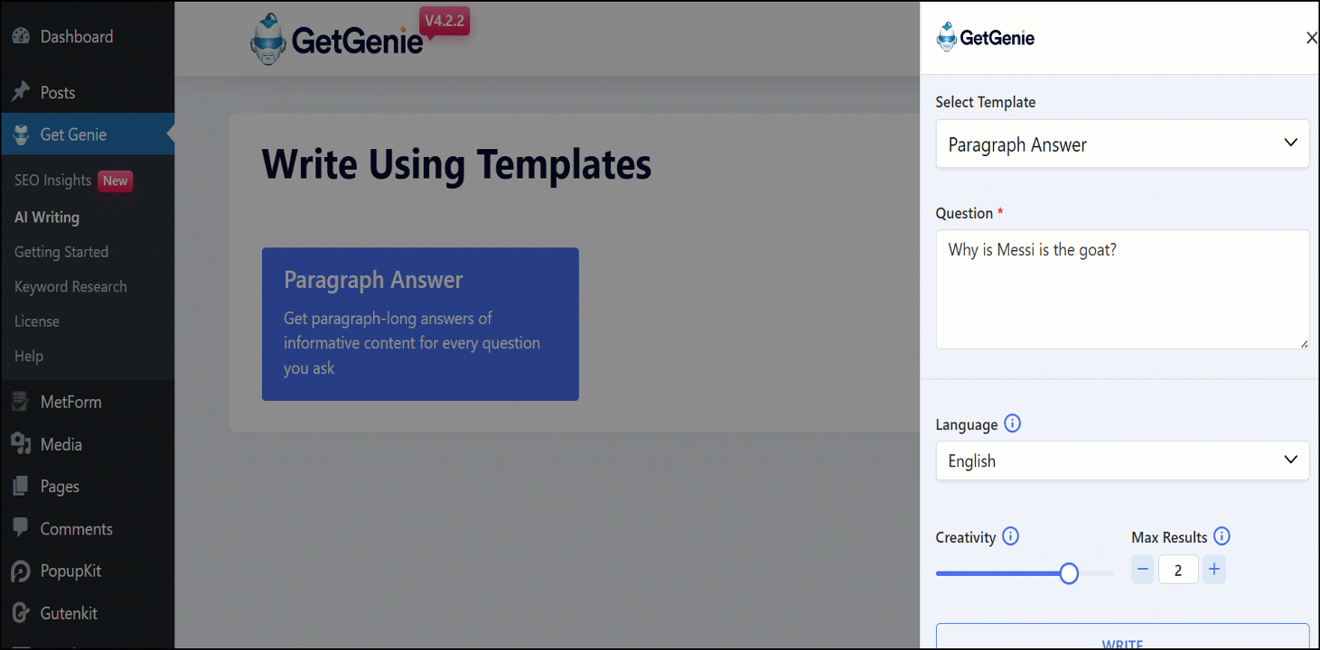 Check out how GetGenie paragraph answer template works