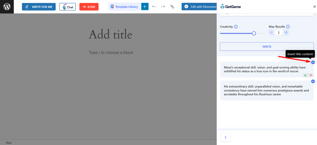 Press the plus icon and copy your selected next sentence output