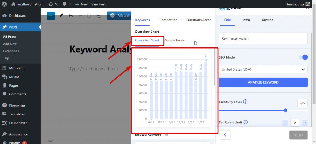 Search Vol. Trend to perform keyword research for blog posts 