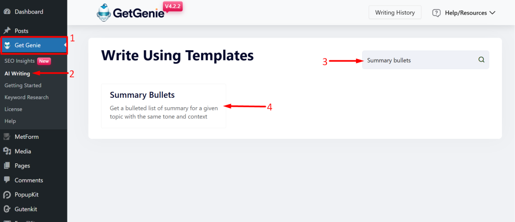Search summary bullets template from your dashboard