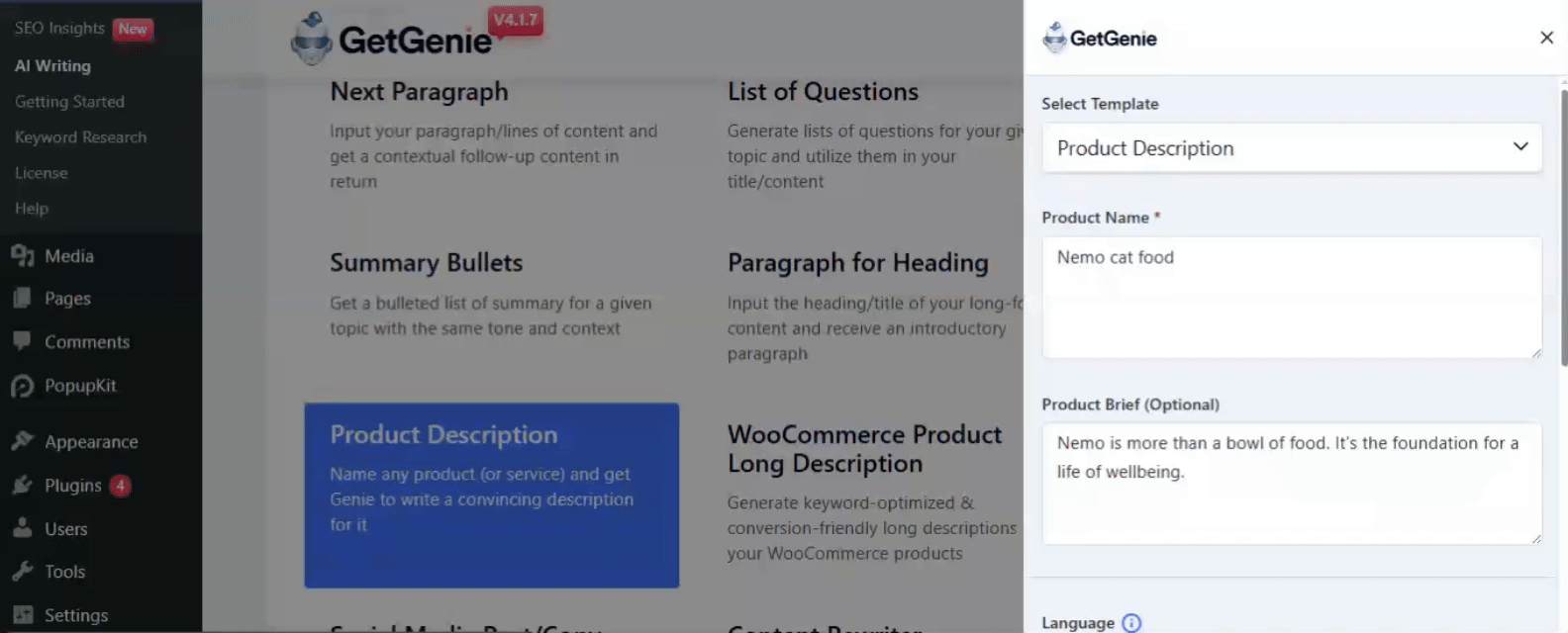 Use o modelo de descrição de produto GetGenie AI e escreva descrições rápidas para seus produtos.