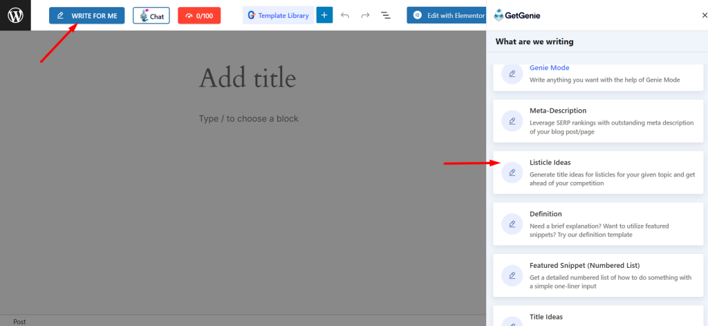 Use Listicle Ideas template inside Post and Page