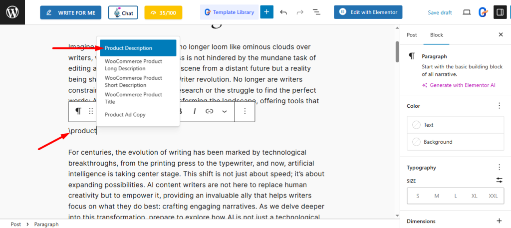 Use Product Description template while writing or editing content