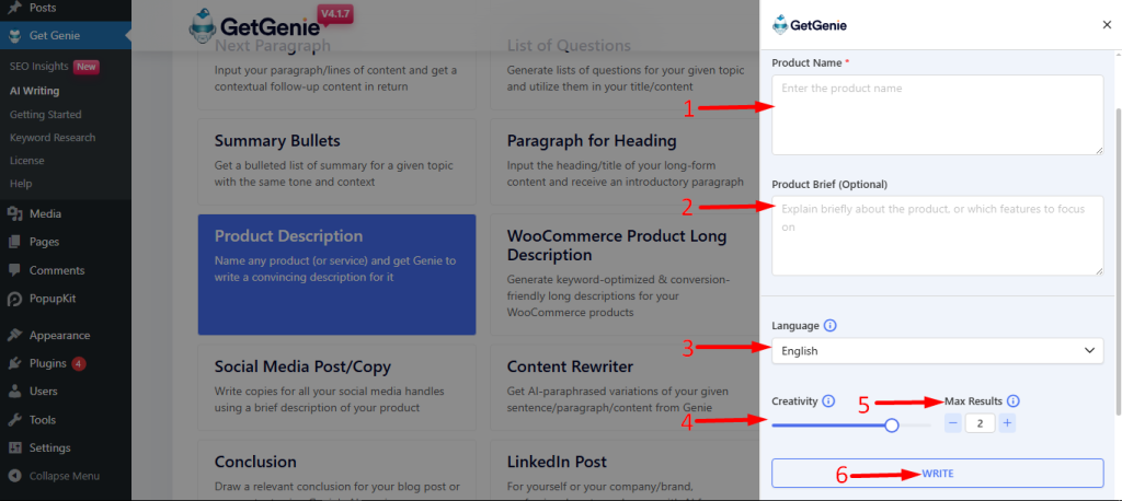 Using product description template of GetGenie