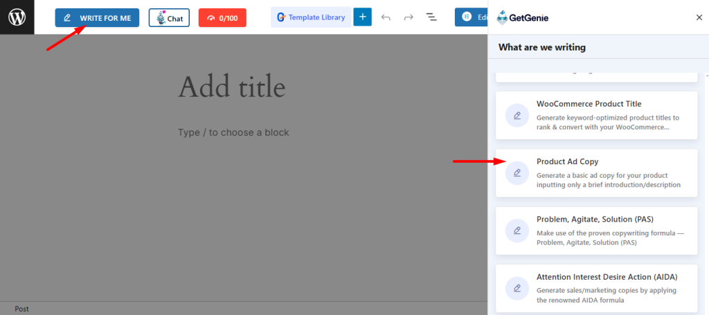 You can use product Ad Copy template within any post or page