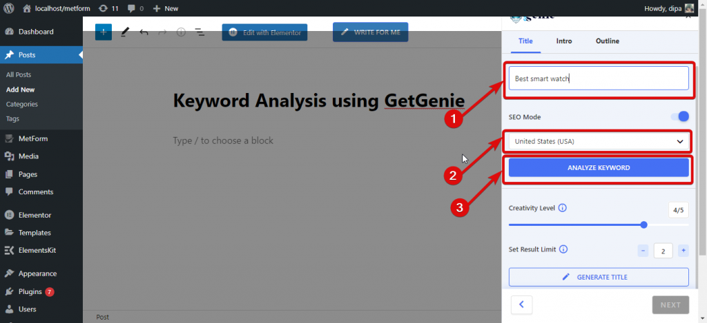 click on analyze keyword using getGenie AI