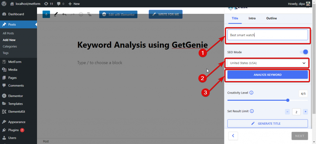 Klicken Sie auf „Keyword analysieren“ mit getGenie AI