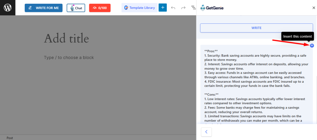 click on the blue plus icon and your selected output will be inserted directly into your post