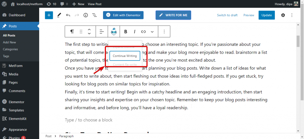 how to use continue writing using getGenie AI blog wizard