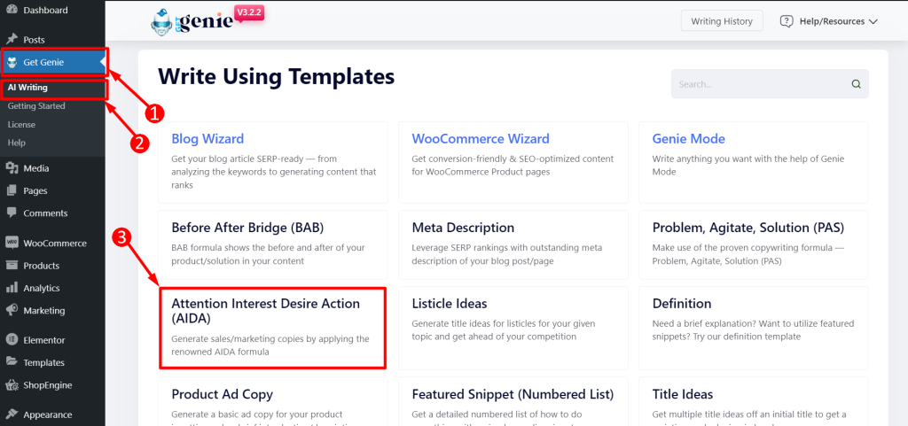 Find GetGenie AIDA template from your dashboard