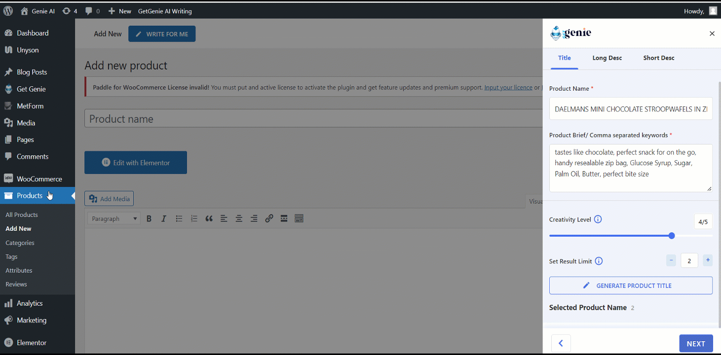 Det er nemt at få passende titel og beskrivelse til dit WooCommerce-produkt med GetGenie AI. 