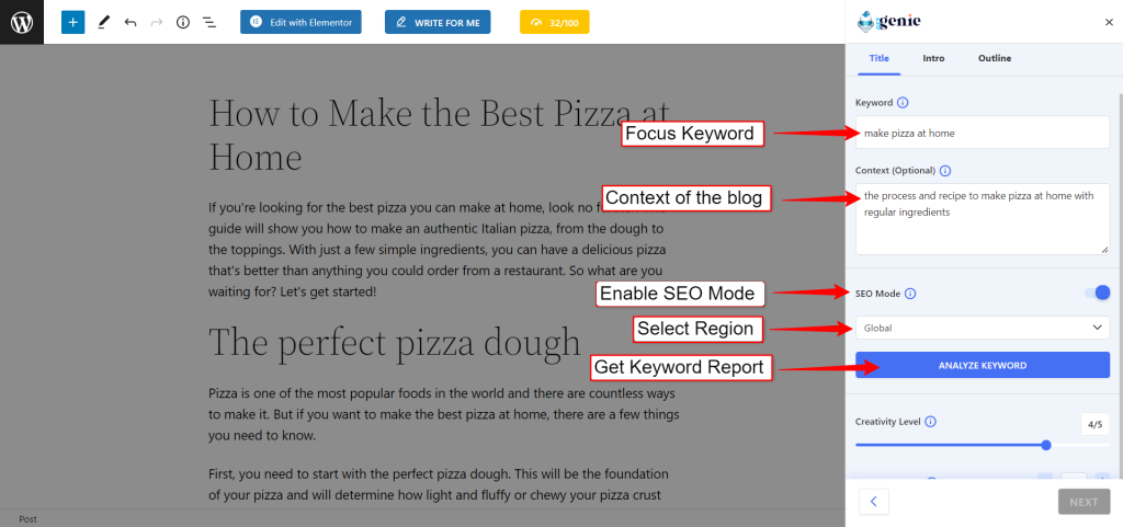 An image showing keyword analysis with GetGenie AI
