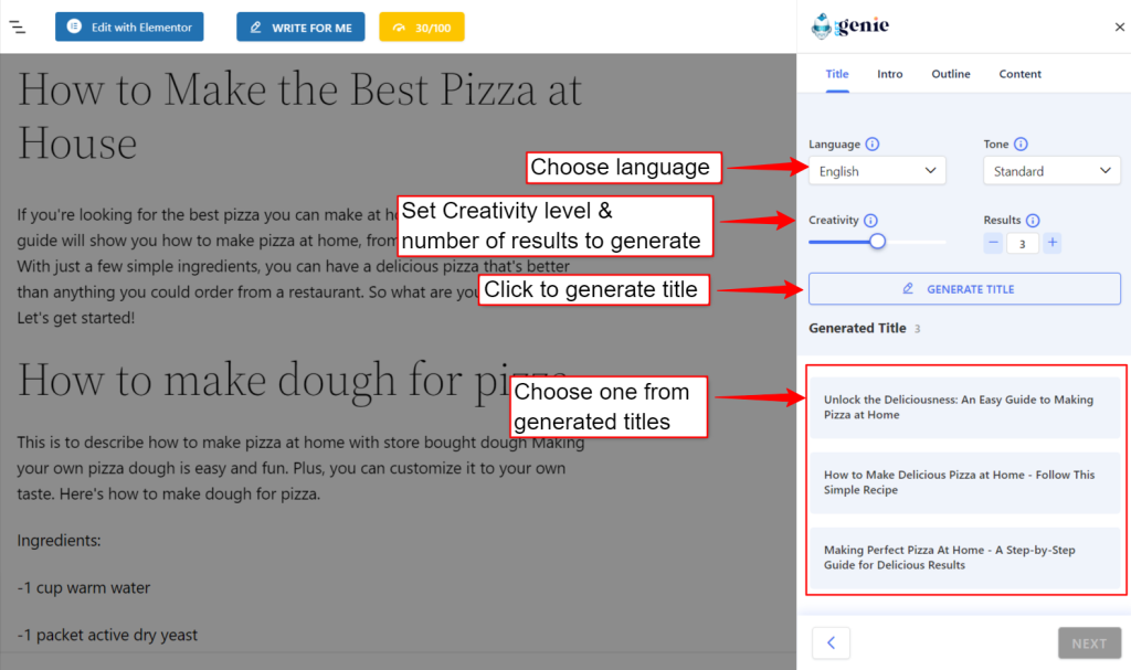 An image showing how to generate blog post title using GetGenie AI