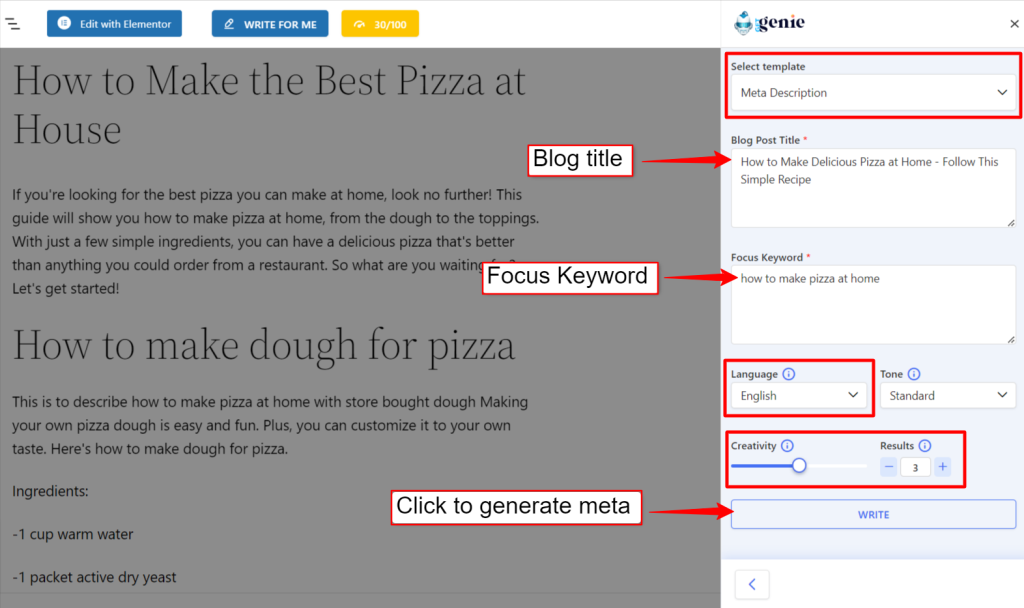 An image showing how to generate meta description using GetGenie AI
