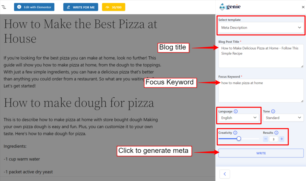 Un'immagine che mostra come generare meta descrizione utilizzando GetGenie AI