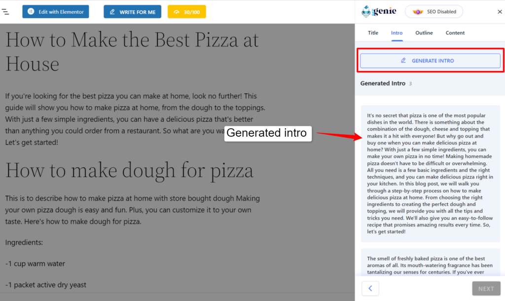 An image showing how to generate blog post intro using GetGenie AI