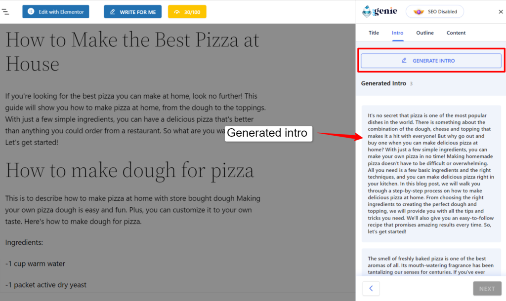 Un'immagine che mostra come generare un'introduzione al post del blog utilizzando GetGenie AI