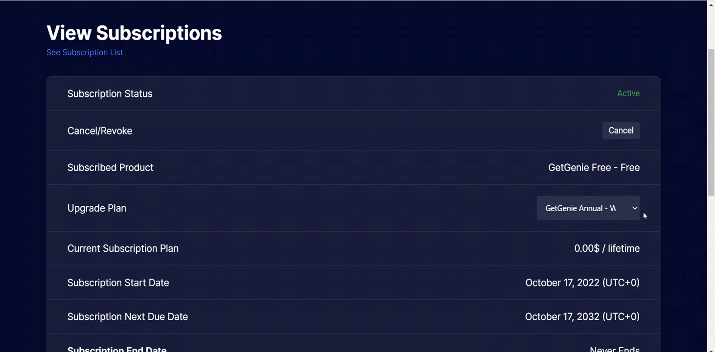 Det är enkelt att uppgradera din nuvarande GetGenie AI-prenumeration till en ny plan.