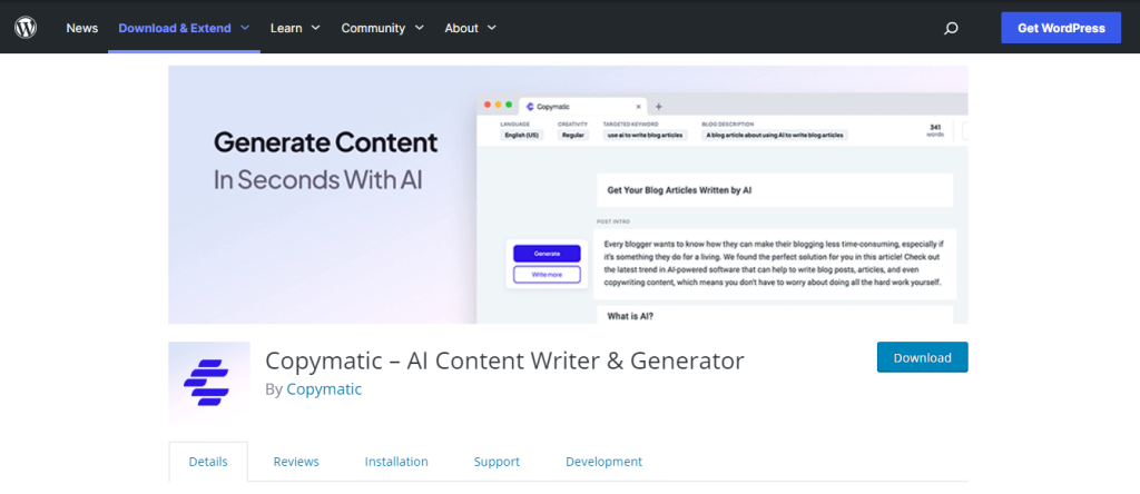Copymatic, title and meta description generator for blogs or other content