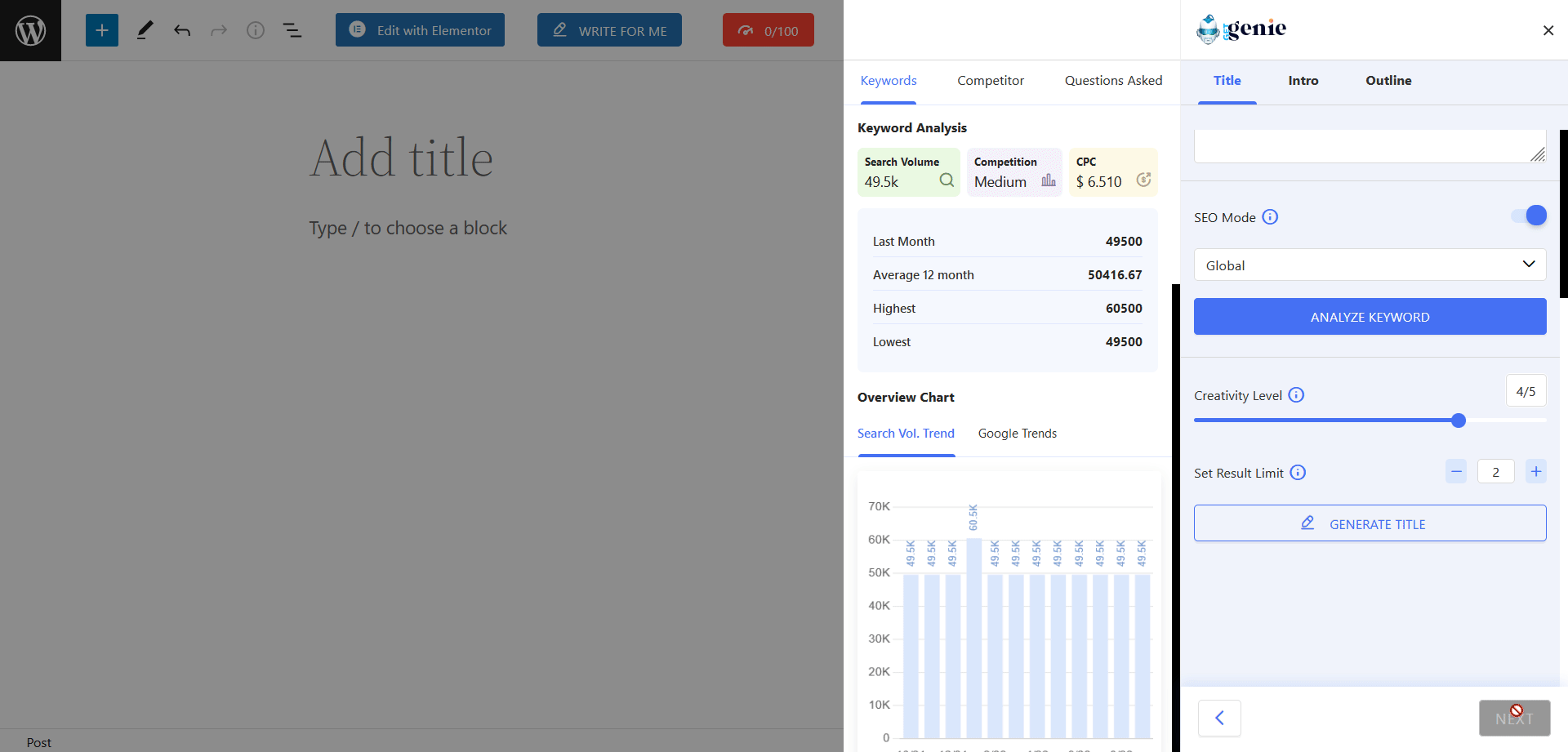 Editor Gutenberg con pestañas Competidores y Preguntas frecuentes: cree contenido compatible con SEO con herramientas de contenido de IA