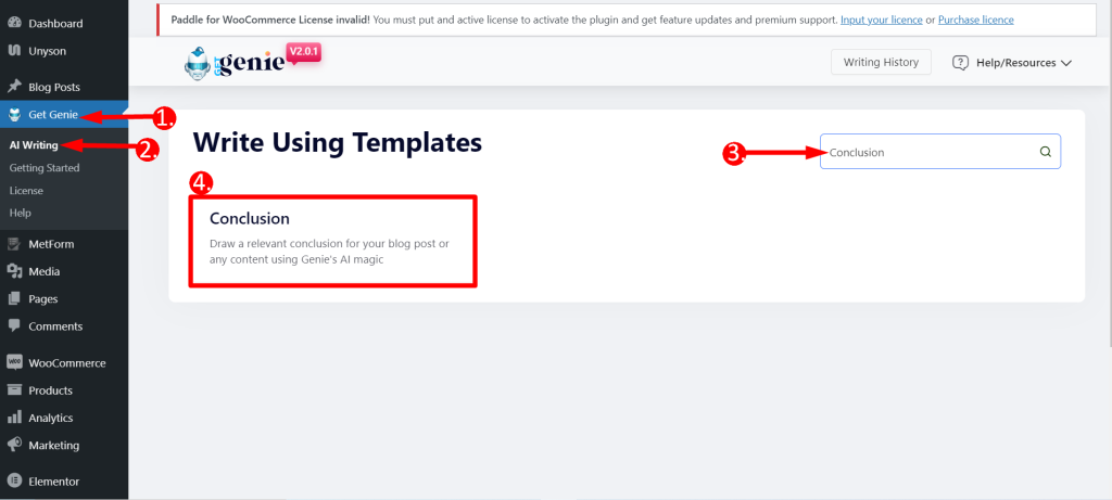 Finding Genie AI conclusion generator from the WordPress dashboard