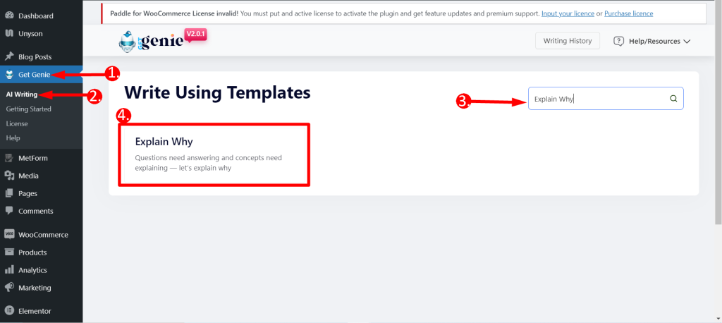 Trouvez le modèle Expliquer pourquoi simplement à partir de votre tableau de bord WordPress