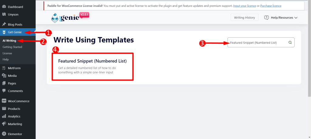 Pesquise o modelo de snippet em destaque (lista numerada) no painel do WordPress.