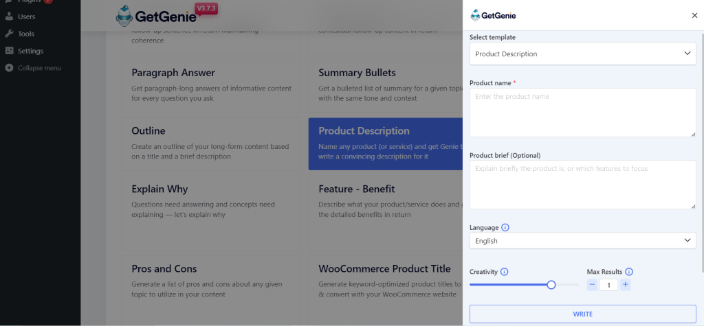 O popular modelo de descrição de produto Ai da GetGenie AI