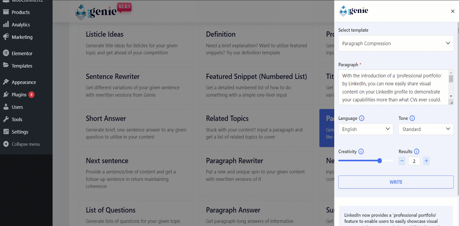 O modelo de compactação de parágrafo do GetGenie AI processa rapidamente sem comprometer a qualidade.