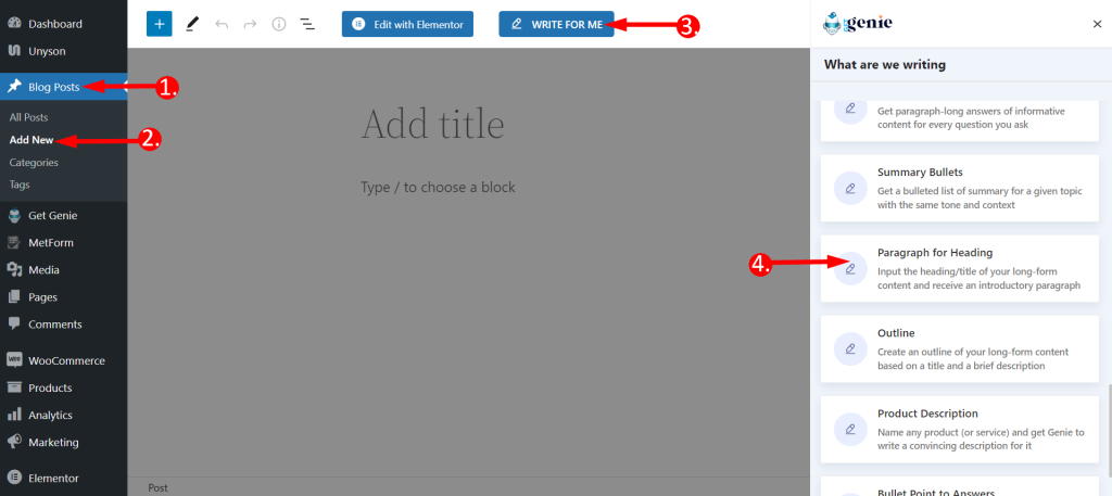Input a title or headline and get paragraph ideas fast with GetGenie AI.