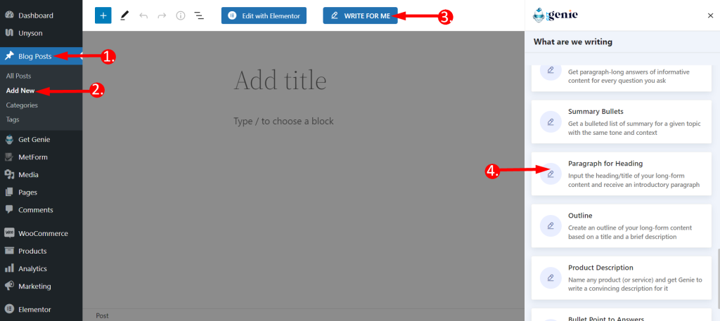 Saisissez un titre ou un titre et obtenez rapidement des idées de paragraphes avec GetGenie AI.