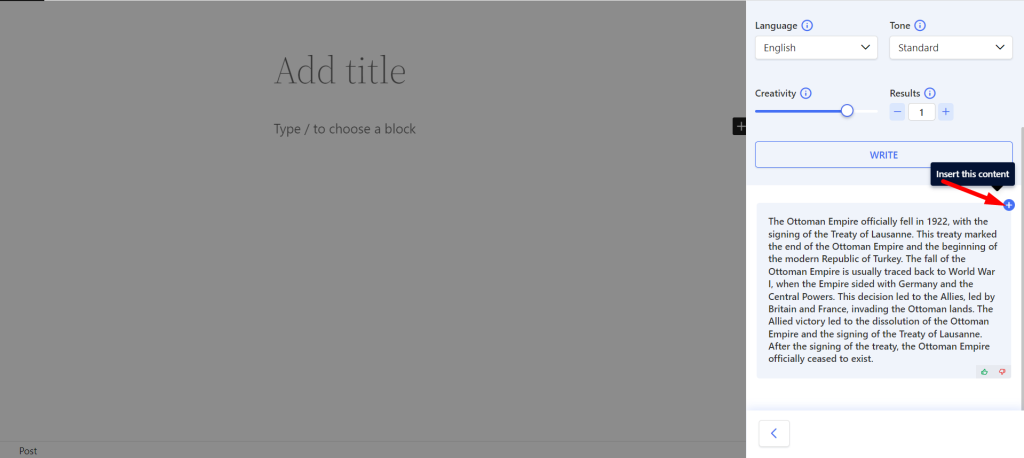 Copy your content just pressing the plus sign and add it directly to the post.