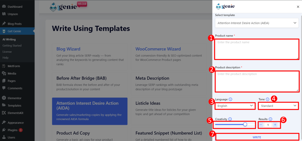 AIDA template input fields